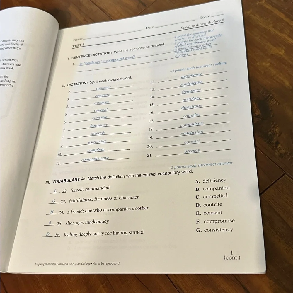 A Beka Spelling & Vocabulary Tests Answer Key Grade 6 Homeschool